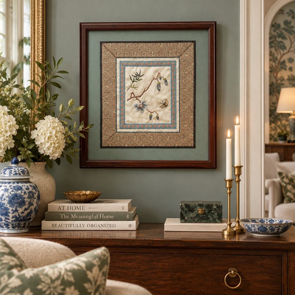 Vintage Chinese Silk Embroidery Framed Butterfly Botanical Textile Art